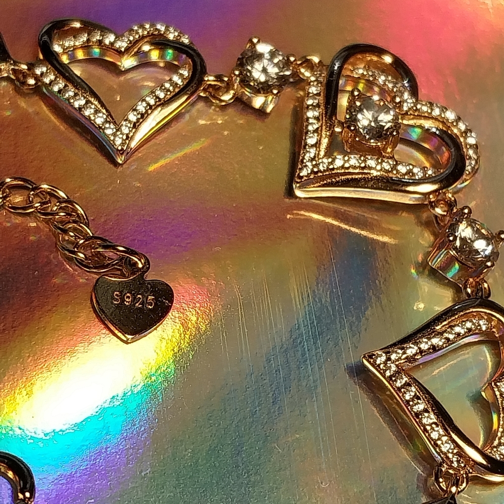 925 Sterling Silver GoldTone Triple Heart CZ Bracelet